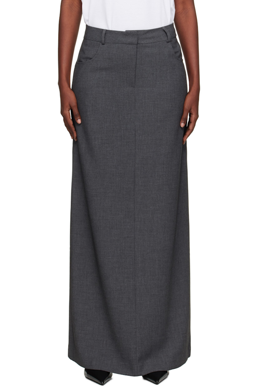 Lightweight stretch broadcloth maxi skirt. 

· Slim-fit
· Belt loops
· Two-pocket styling
· Zip fly
· Mock welt pockets at back
· Central vent at back hem
· Full sateen lining

Supplier color: Charcoal
