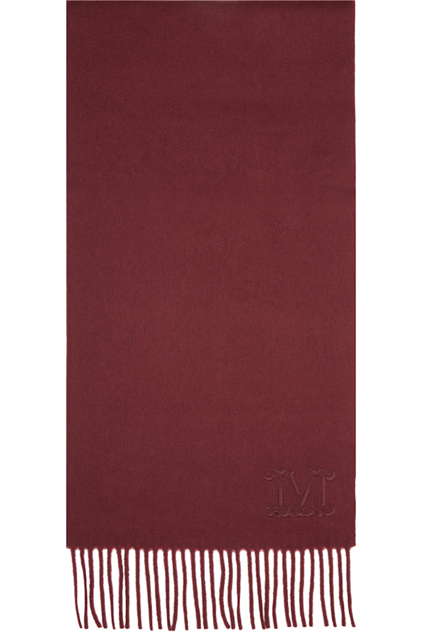 Rectangular cashmere flannel scarf.

· Logo embroidered at face
· Fringed detailing at ends
· L75" x W11"

Supplier color: Bordeaux