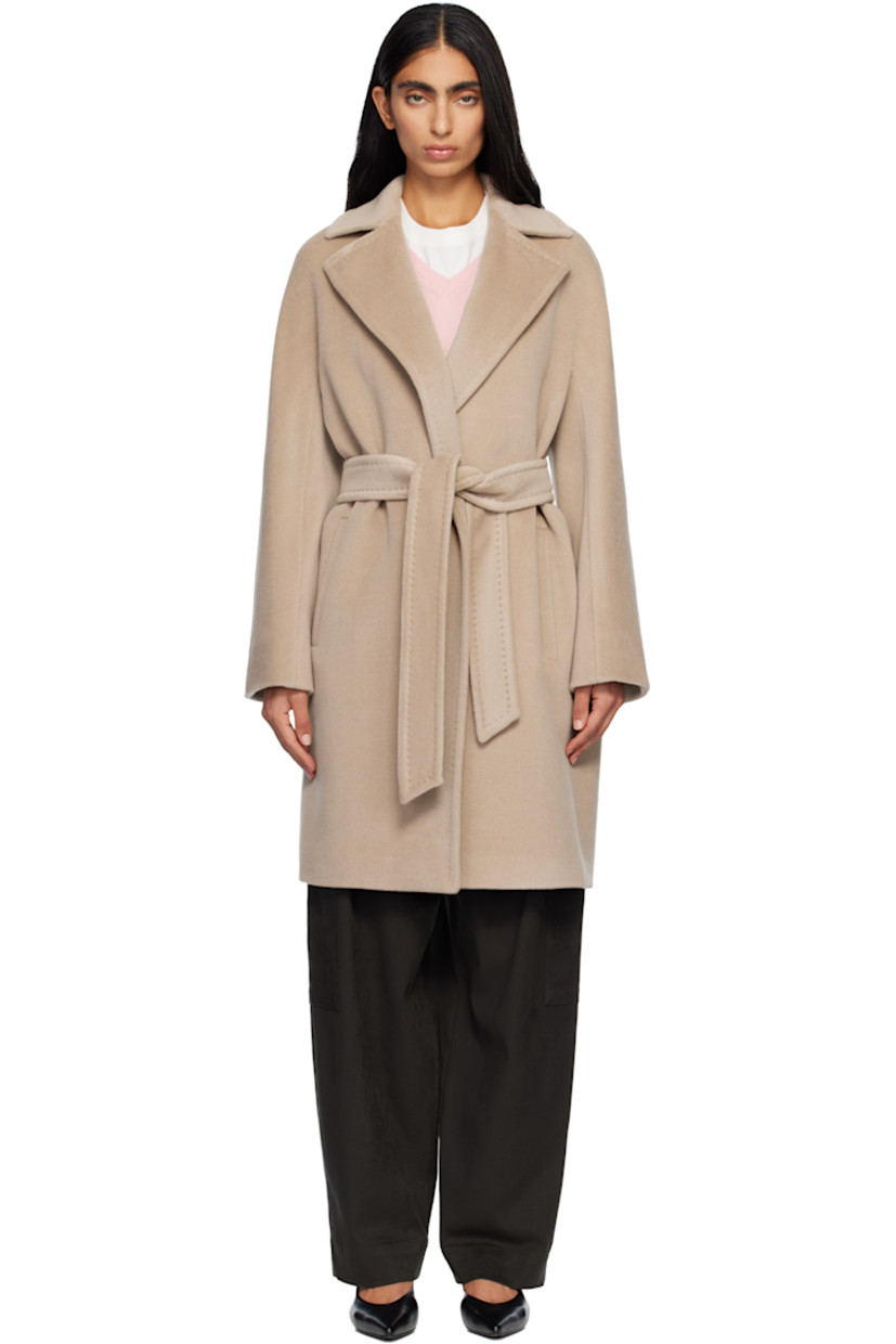 Felted virgin wool coat. 

· Notched lapel
· Open front 
· Welt pockets at front 
· Self-tie belt at waist
· Full logo-woven satin lining 

Part of the Max Mara Studio collection. 

Supplier color: Beige