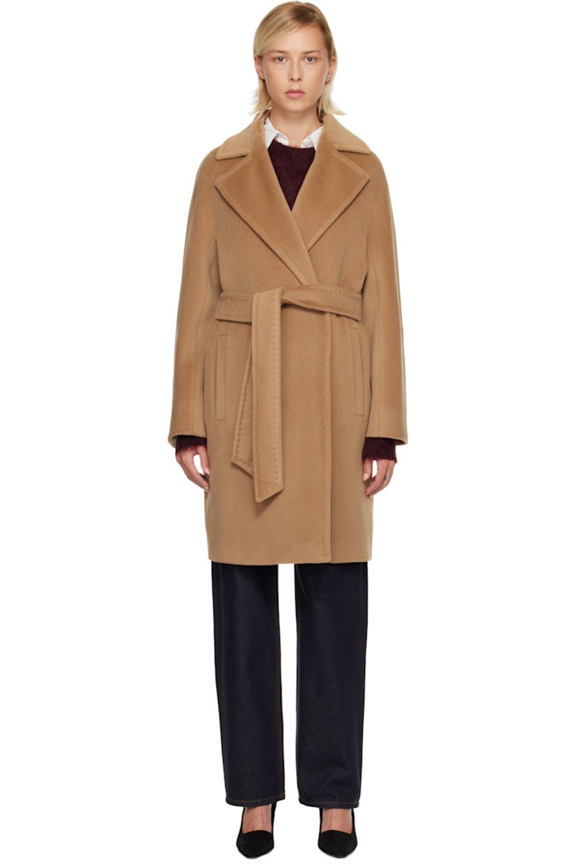 Virgin wool beaver cloth coat.

· Hand-stitched detailing throughout
· Notched lapel
· Open front
· Welt pockets at waist
· Detachable self-tie belt
· Full viscose satin lining

Part of the Max Mara Studio collection.

Supplier color: Camel