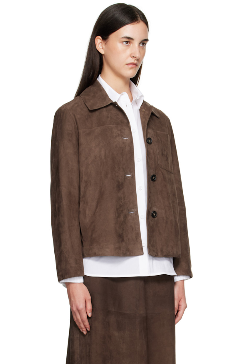 Lambskin nubuck jacket.

· Open spread collar
· Button closure
· Patch pocket at chest
· Seam pockets at waist
· Cropped hem
· Silk satin lining

Part of the Max Mara Studio collection.

Supplier color: Dark Brown