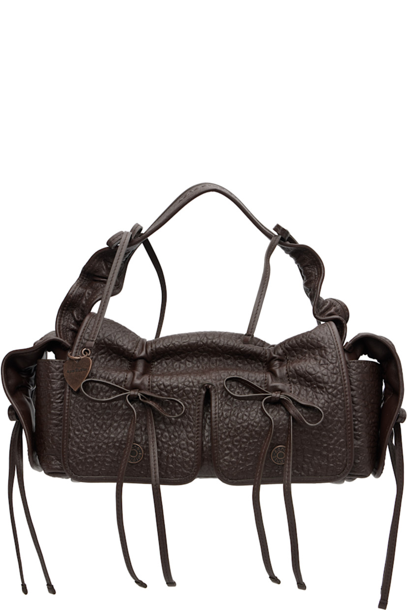 Grained nappa lambskin top handle bag.

· Bows and ruching throughout
· Embossed logo at adjustable shoulder strap
· Logo charm at face
· Flap pocket at sides
· Magnetic flap
· Patch pocket at interior
· Logo-engraved antiqued copper-tone hardware
· H6.5" x W14" x D4"

Supplier color: Chocolate brown