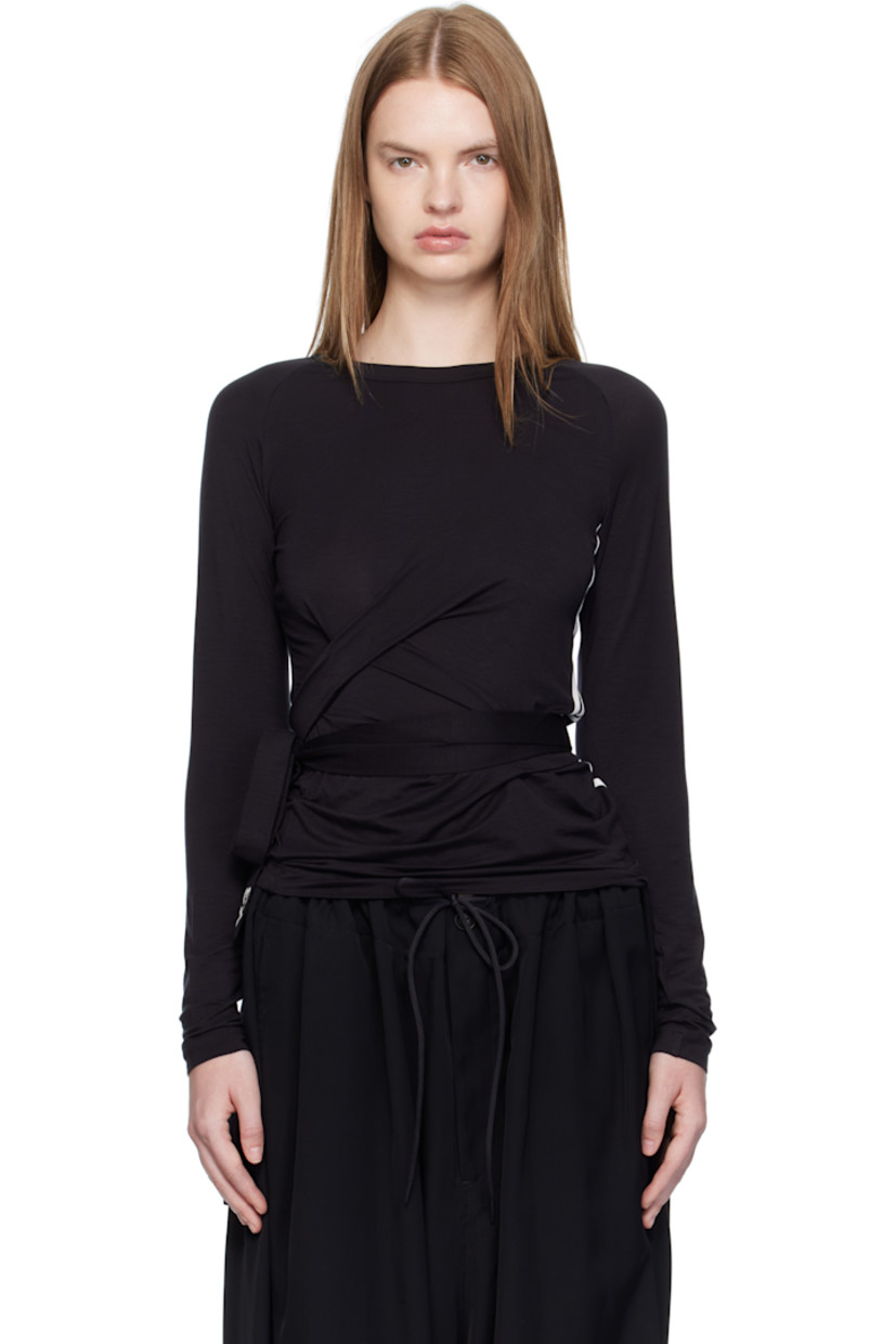 Stretch TENCEL™ lyocell jersey T-shirt.

· Rib-knit crewneck
· Draping and integrated self-tie straps at waist
· Stripe appliqués at side seam
· Raglan sleeves

Supplier color: Black