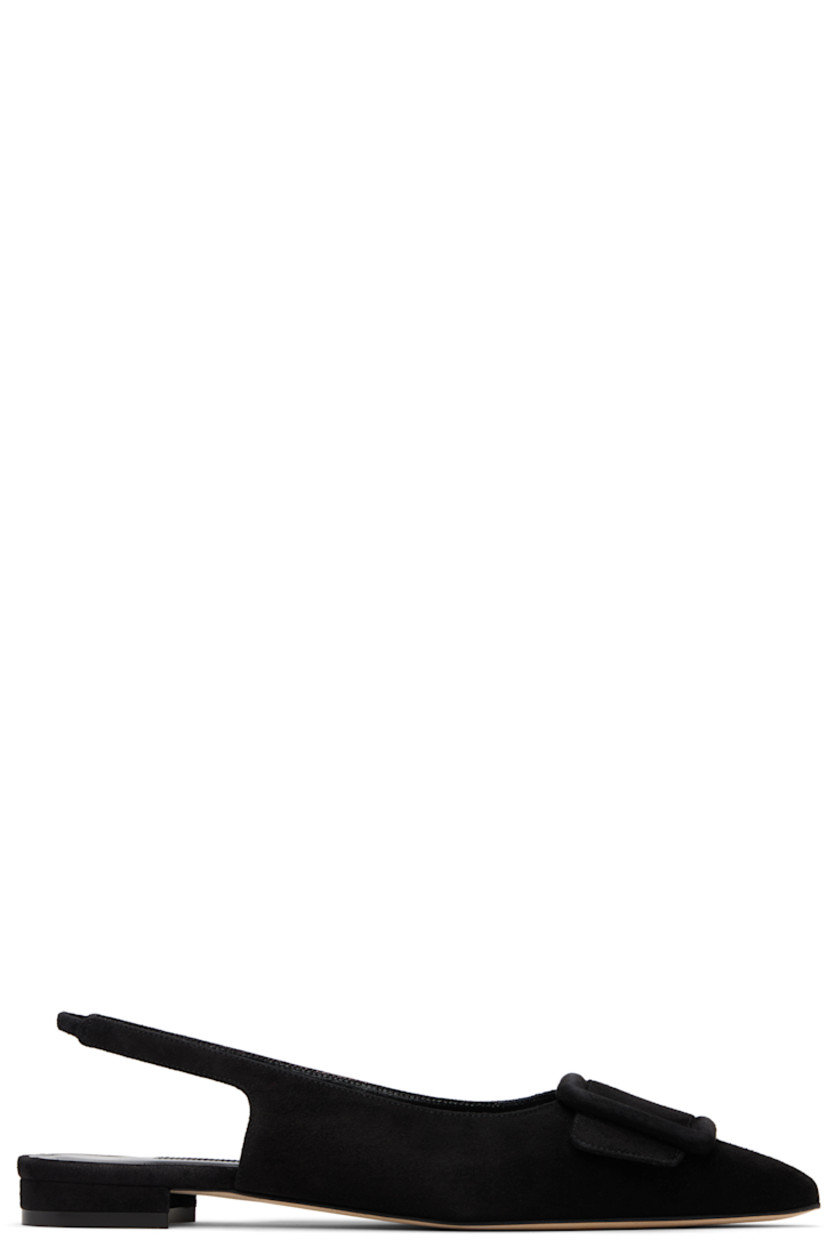 Handcrafted goatskin suede sandals.

· Pointed toe
· Covered buckle hardware at vamp
· Partially elasticized slingback strap
· Inset logo patch at padded footbed
· Covered heel with rubber injection
· Calfskin nubuck sole

Supplier color: Black