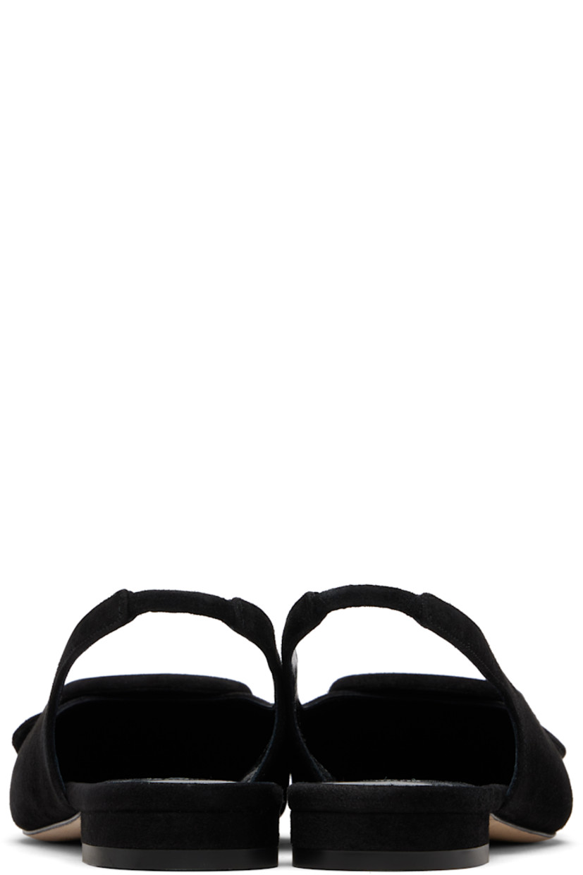 Handcrafted goatskin suede sandals.

· Pointed toe
· Covered buckle hardware at vamp
· Partially elasticized slingback strap
· Inset logo patch at padded footbed
· Covered heel with rubber injection
· Calfskin nubuck sole

Supplier color: Black