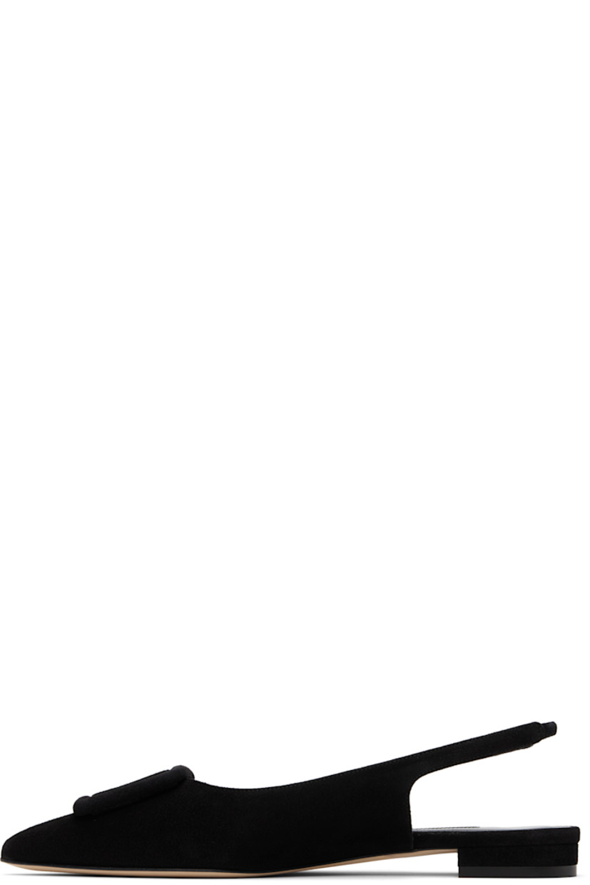 Handcrafted goatskin suede sandals.

· Pointed toe
· Covered buckle hardware at vamp
· Partially elasticized slingback strap
· Inset logo patch at padded footbed
· Covered heel with rubber injection
· Calfskin nubuck sole

Supplier color: Black