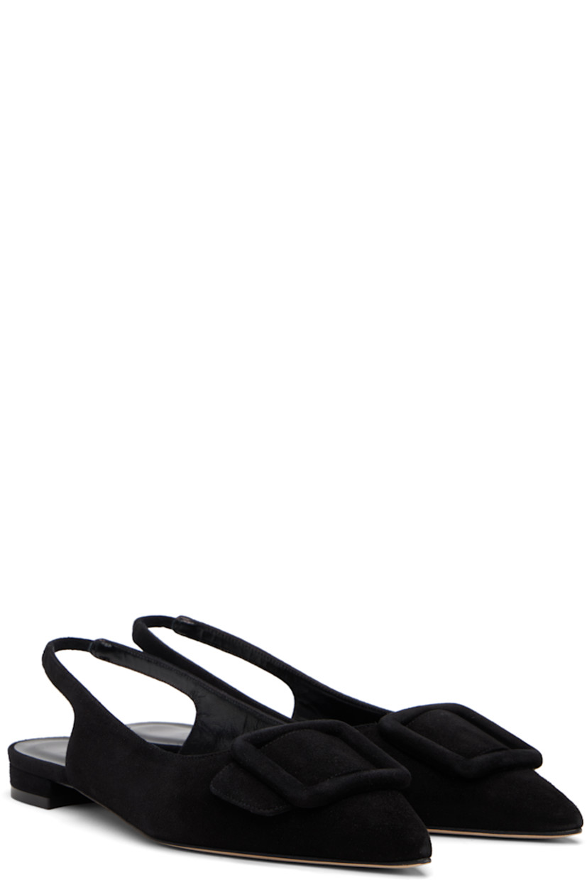 Handcrafted goatskin suede sandals.

· Pointed toe
· Covered buckle hardware at vamp
· Partially elasticized slingback strap
· Inset logo patch at padded footbed
· Covered heel with rubber injection
· Calfskin nubuck sole

Supplier color: Black