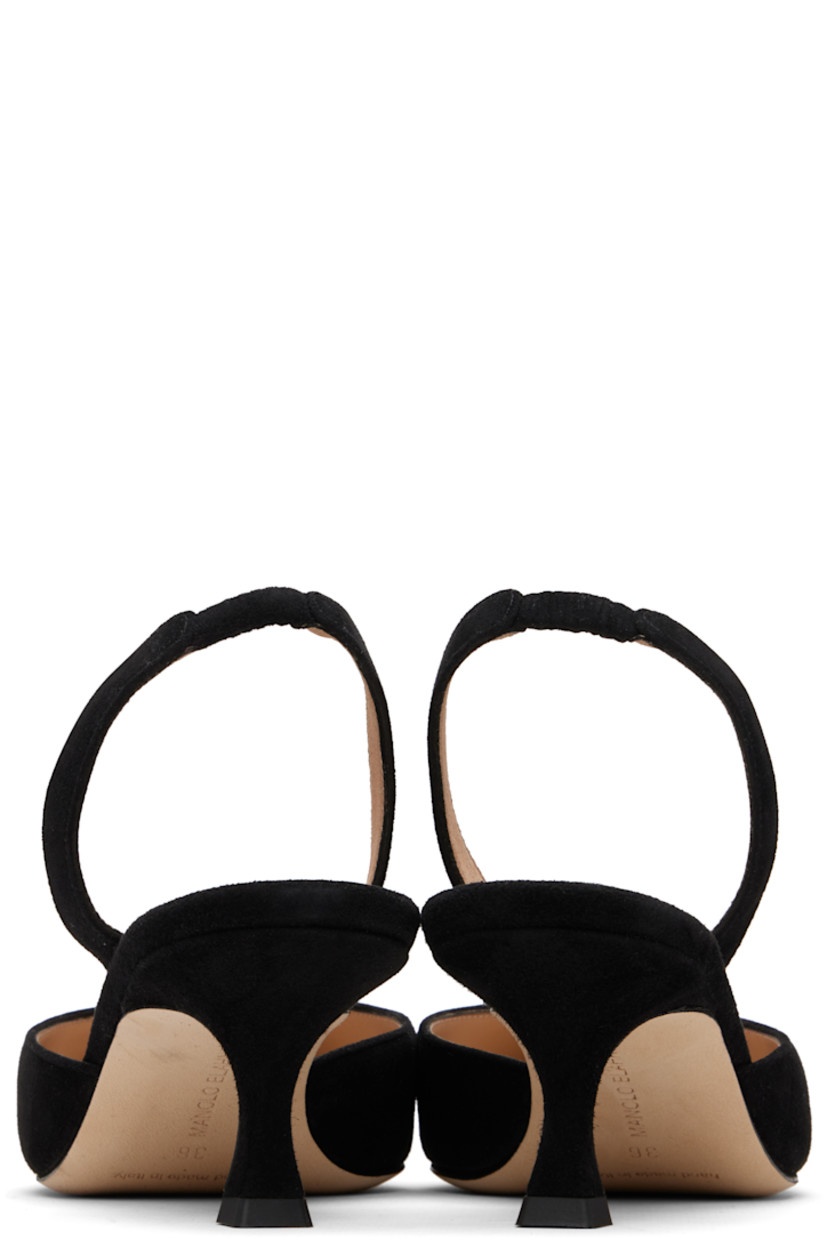 Handcrafted goatskin suede heeled sandals. 

· Pointed toe
· Partially elasticized slingback strap
· Inset logo patch at footbed
· Covered kitten heel with rubber injection
· Nubuck sole
· Heel: H2"

Supplier color: Black