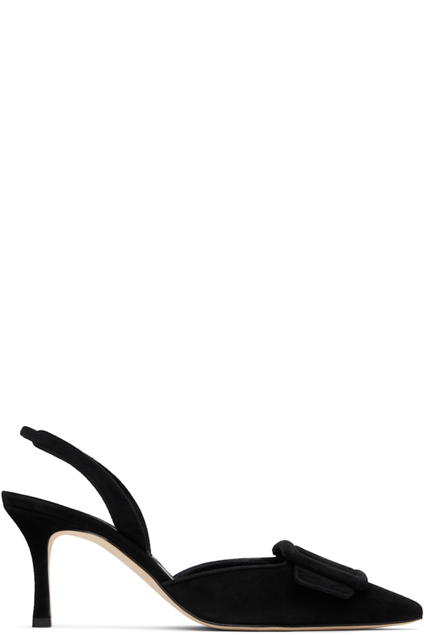 Handcrafted goatskin suede heeled sandals.

· Pointed toe
· Covered buckle hardware at vamp
· Partially elasticized slingback strap
· Inset logo patch at padded footbed
· Covered stiletto heel with rubber injection
· Calfskin nubuck sole
· Heel: H2.75"

Supplier color: Black