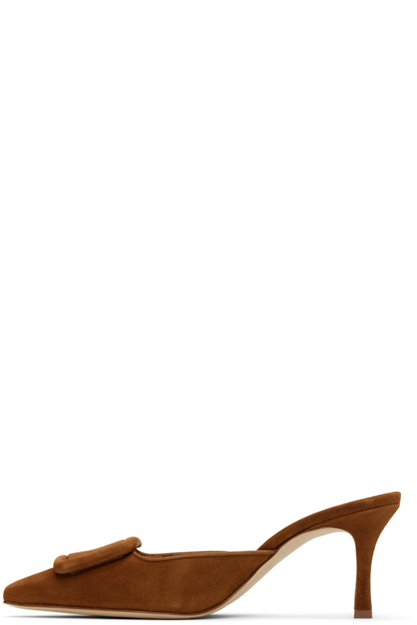 Handcrafted goatskin suede slip-on heeled sandals.

· Pointed toe
· Covered buckle hardware at vamp
· Inset logo patch at padded footbed
· Buffed kidskin lining
· Covered stiletto heel with rubber injection
· Calfskin nubuck sole
· Heel: H2.75"

Supplier color: Medium brown