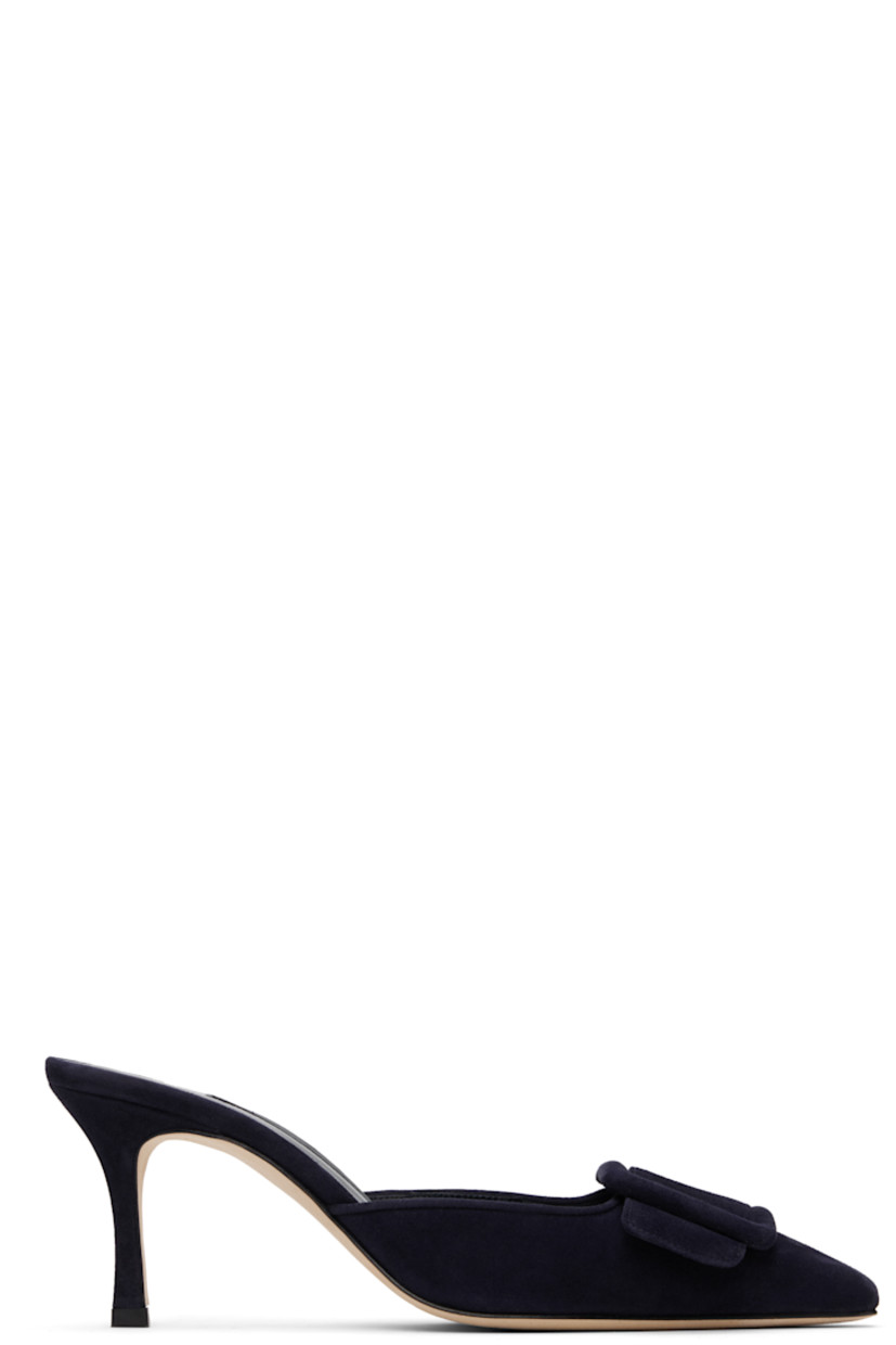 Handcrafted kidskin suede mules.

�· Pointed toe
· Covered buckle hardware at vamp
· Grained kidskin lining
· Covered stiletto heel with rubber injection
· Calfskin sole
· Heel: H2.75"

Supplier color: Navy