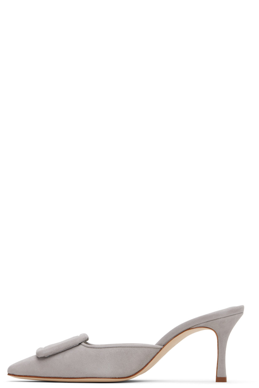 Handcrafted goatskin suede slip-on heeled sandals.

· Pointed toe
· Covered buckle hardware at vamp
· Inset logo patch at padded footbed
· Buffed kidskin lining
· Covered stiletto heel with rubber injection
· Calfskin nubuck sole
· Heel: H2.75"

Supplier color: Light gray