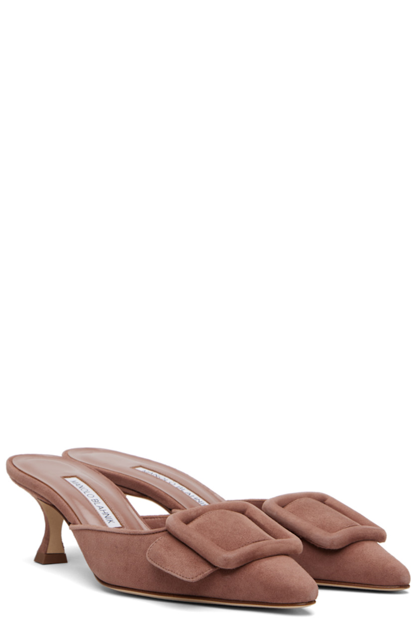 Handcrafted goatskin suede slip-on heeled sandals. 

· Pointed toe
· Covered buckle hardware at vamp
· Inset logo patch at padded footbed
· Buffed kidskin lining
· Covered kitten heel with rubber injection
· Calfskin nubuck sole
· Heel: H2"

Supplier color: Brown