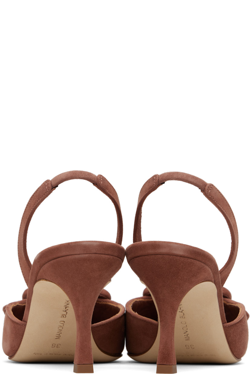 Handcrafted goatskin suede heels.

· Pointed toe
· Covered buckle hardware at vamp
· Partially elasticized slingback strap
· Inset logo patch at padded footbed
· Covered stiletto heel with rubber injection
· Calfskin nubuck sole
· Heel: H2.75"

Supplier color: Brown