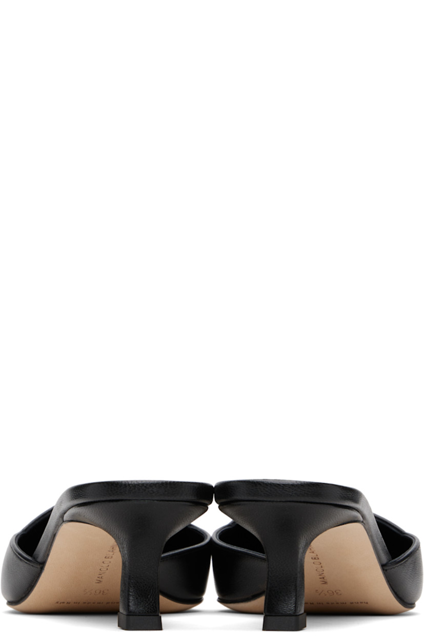 Handcrafted buffed nappa lambskin slip-on heeled sandals.

· Pointed square toe
· Inset logo patch at perforated kidskin footbed
· Covered kitten heel with rubber injection
· Calfskin nubuck sole
· Heel: H2"

Supplier color: Black