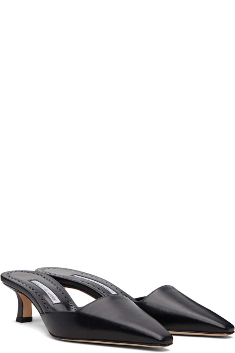 Handcrafted buffed nappa lambskin slip-on heeled sandals.

· Pointed square toe
· Inset logo patch at perforated kidskin footbed
· Covered kitten heel with rubber injection
· Calfskin nubuck sole
· Heel: H2"

Supplier color: Black