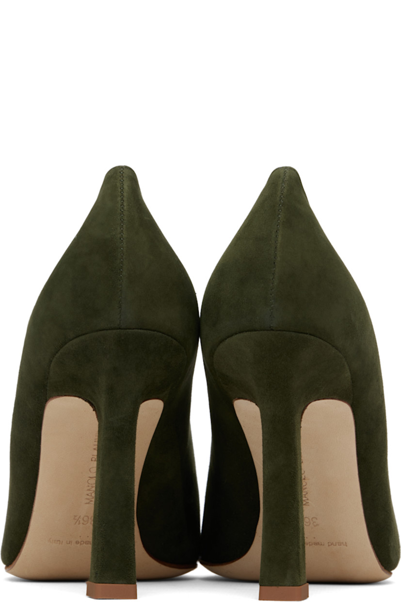 Handcrafted suede heels. 

· Pointed square toe
· Buffed leather lining
· Covered stiletto heel with rubber injection
· Nubuck sole
· Heel: H3.75"

Supplier color: Dark khaki