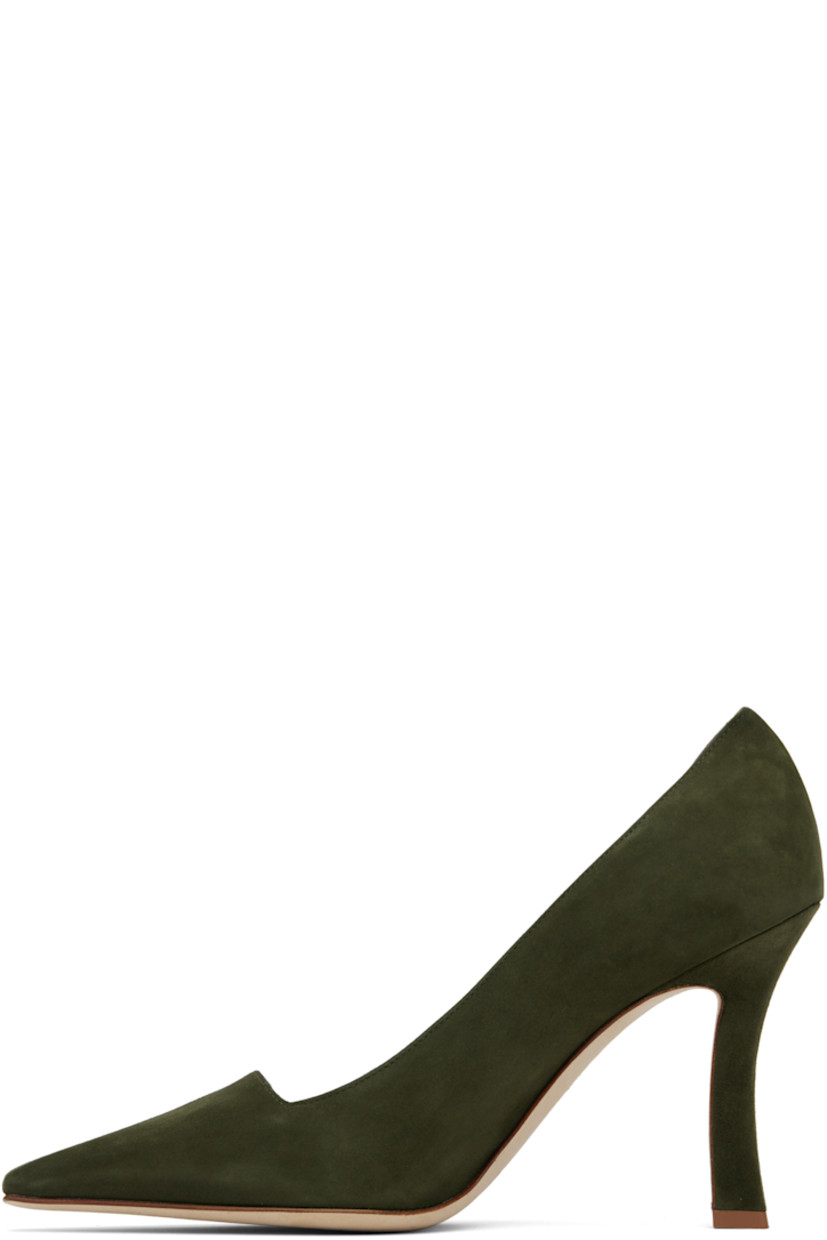 Handcrafted suede heels. 

· Pointed square toe
· Buffed leather lining
· Covered stiletto heel with rubber injection
· Nubuck sole
· Heel: H3.75"

Supplier color: Dark khaki