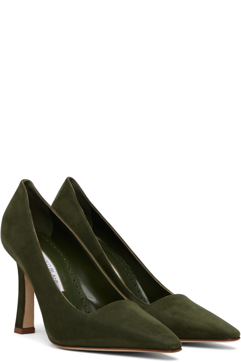 Handcrafted suede heels. 

· Pointed square toe
· Buffed leather lining
· Covered stiletto heel with rubber injection
· Nubuck sole
· Heel: H3.75"

Supplier color: Dark khaki
