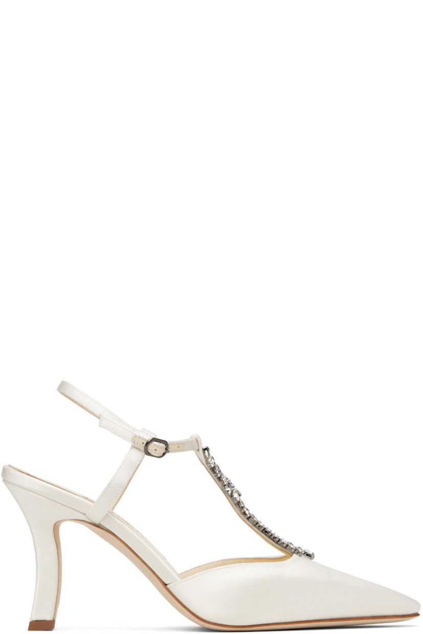 Handcrafted satin heels.

· Pointed toe
· Crystal-cut appliqués at vamp
· Pin-buckle ankle strap
· Grained leather lining
· Covered stiletto heel with rubber injection
· Nubuck sole
· Heel: H3.25"

Supplier color: Cream