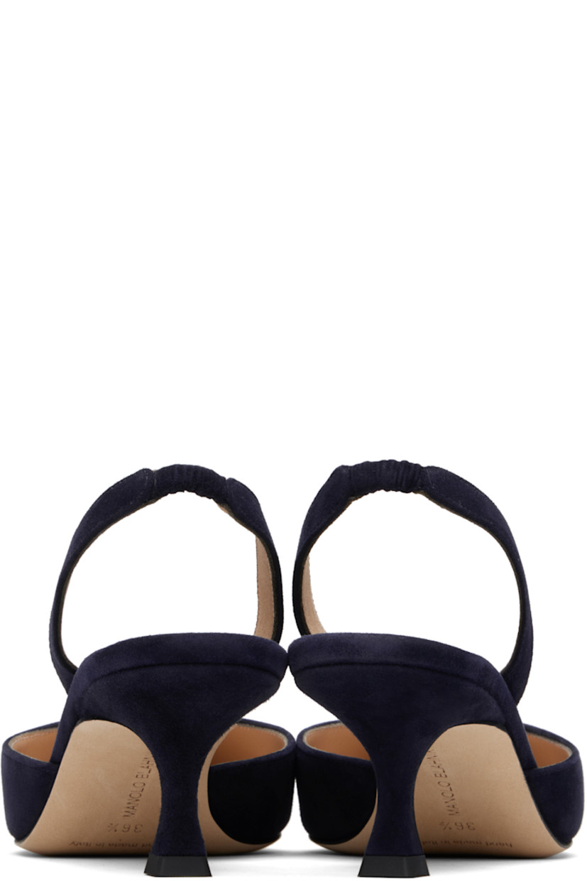 Handcrafted goatskin suede heeled sandals. 

· Pointed toe
· Partially elasticized slingback strap
· Inset logo patch at footbed
· Covered kitten heel with rubber injection
· Nubuck sole
· Heel: H2"

Supplier color: Blue