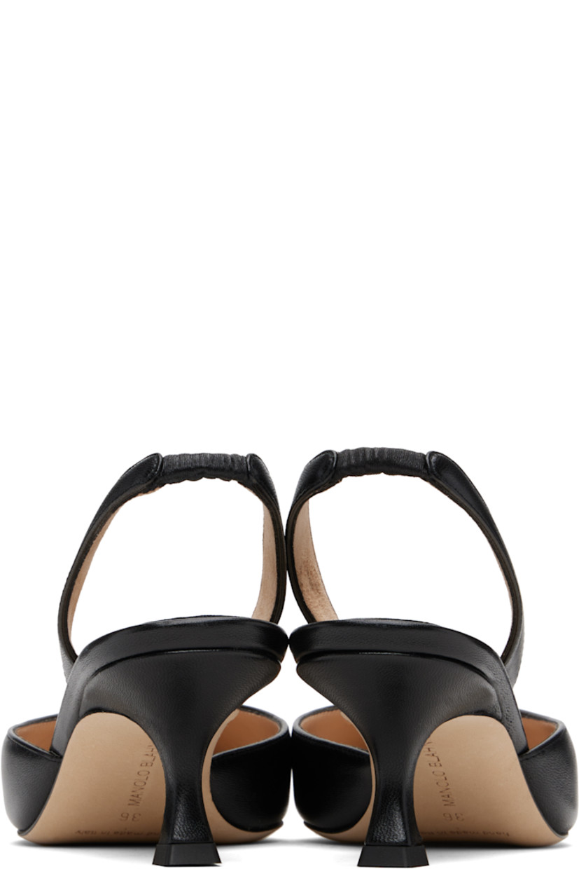 Handcrafted buffed nappa lambskin heeled sandals.

· Pointed toe
· Partially elasticized slingback strap
· Inset logo patch at goatskin footbed
· Covered kitten heel with rubber injection
· Calfskin nubuck sole
· Heel: H2"

Supplier color: Black