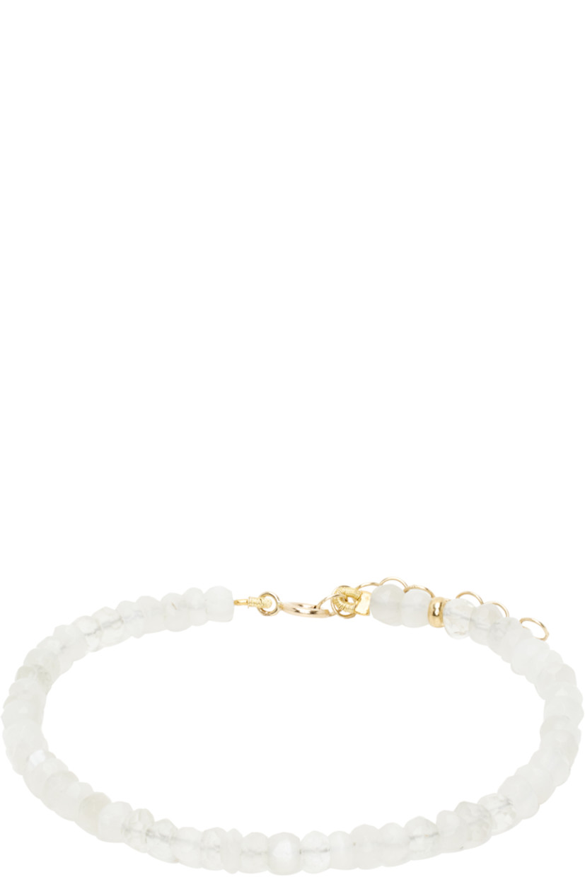 Handcrafted beaded moonstone bracelet in white.

· Adjustable spring-ring fastening
· 14k gold hardware
· L7"

Supplier color: Moonstone