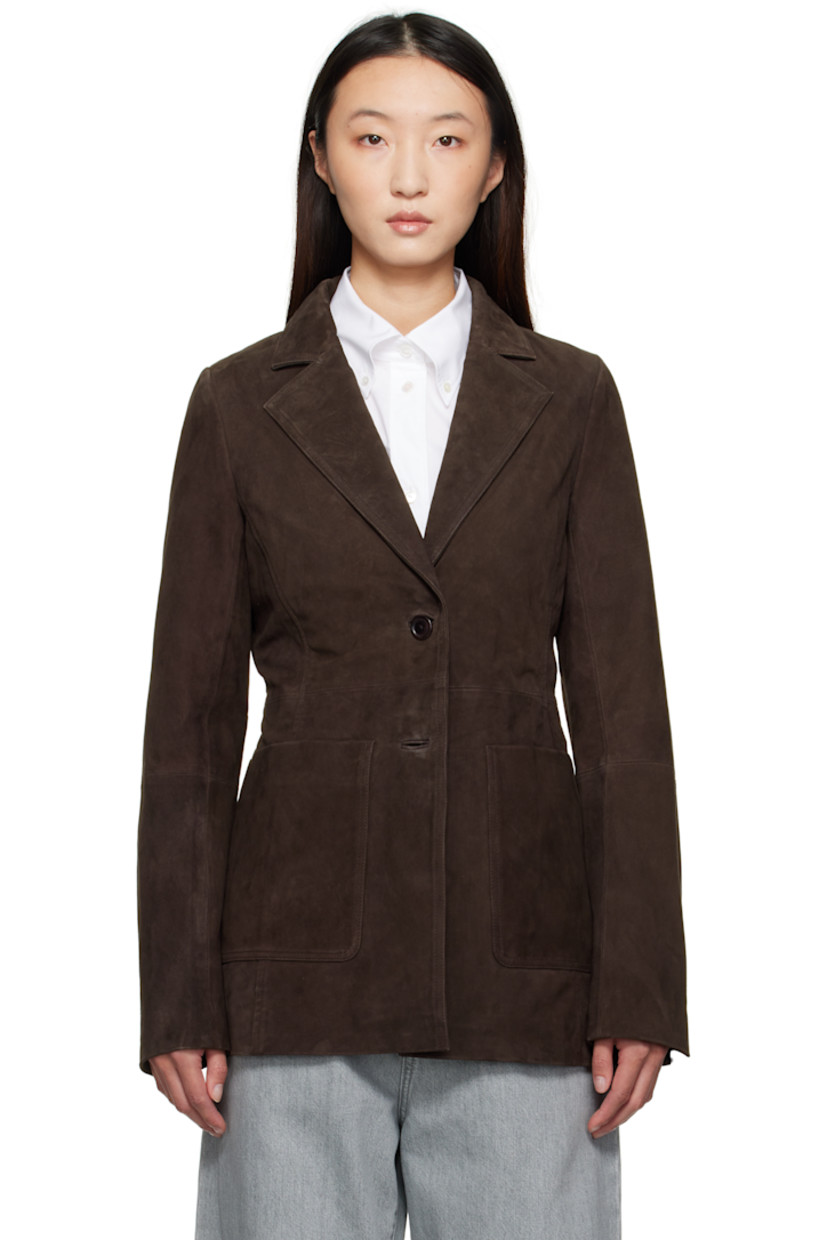Goatskin suede blazer.

· Notched lapel
· Button closure
· Patch pockets at front
· Satin twill lining

Supplier color: Dark chocolate