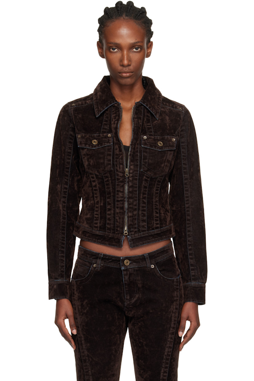 Flocked non-stretch denim jacket.

· Paneled construction
· Spread collar
· Two-way zip closure
· Flap pockets at chest
· Buttoned barrel cuffs

Supplier color: Dark