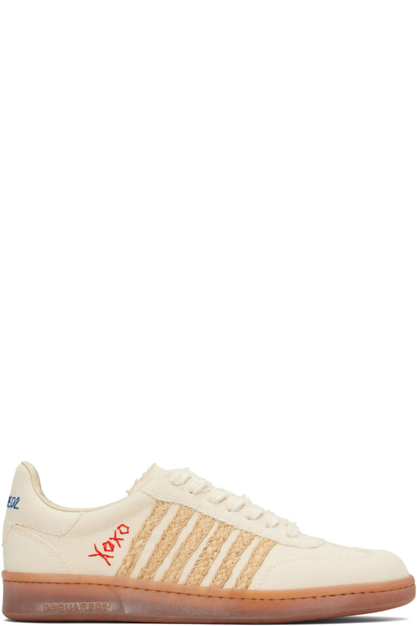 Low-top canvas sneakers in beige.

· Raw edges throughout
· Lace-up closure
· Text embroidered at tongue and outer side
· Padded tongue and collar
· Braided raffia trim at sides
· Logo embroidered at heel tab
· Logo embossed at outer midsole
· Treaded rubber sole

Part of the Summer Lovers capsule.

Supplier color: Natural