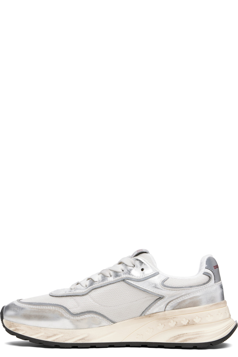 Low-top mesh and buffed calfskin sneakers.

· Smudging and reflective trim throughout
· Lace-up closure
· Logo patch at padded tongue
· Padded collar
· Logo flag at outer side
· Logo printed at heel tab
· Terrycloth lining
· Treaded rubber sole

Supplier color: Silver