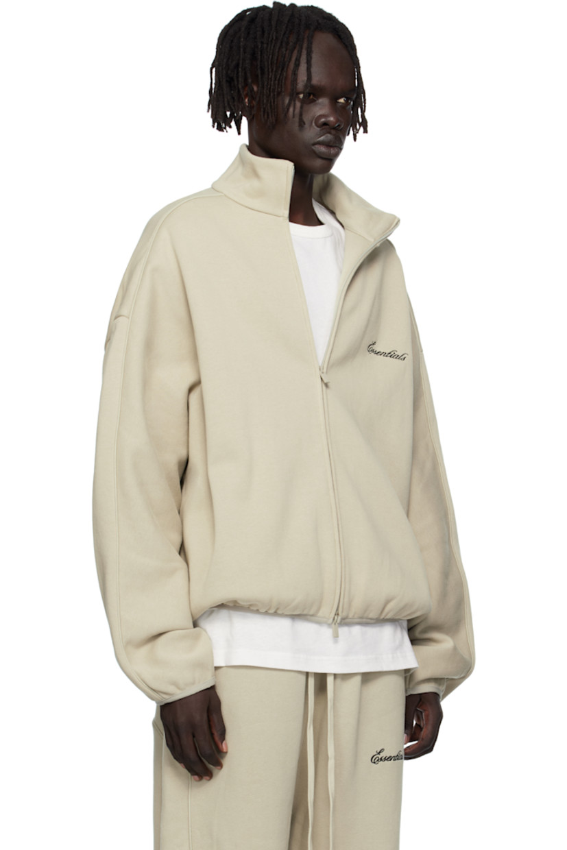 Cotton-blend fleece track jacket.

· Stand collar
· Two-way zip closure
· Logo embroidered at chest
· Seam pockets at waist
· Elasticized hem and cuffs
· Piping at sleeves
· Rubber logo patch at back collar

Supplier color: Abbey stone/Tonal piping