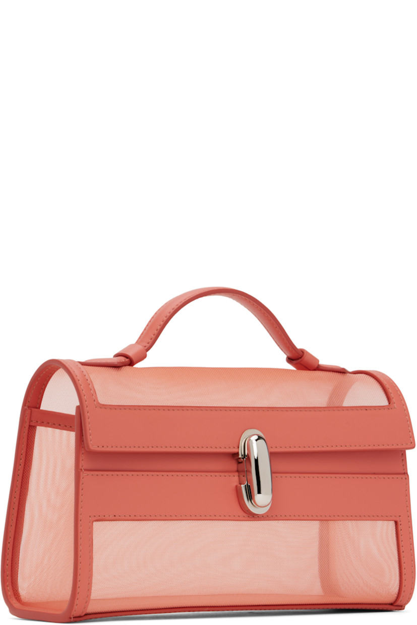 Sheer mesh and buffed calfskin top handle bag in pink.

· Carry handle at top
· Turn-lock closure
· Silver-tone hardware
· H5.5" x W8.5" x D3"

Supplier color: Camellia