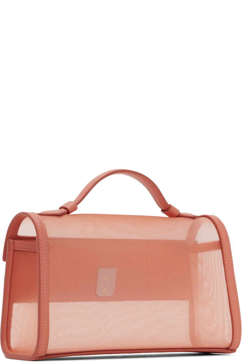 Sheer mesh and buffed calfskin top handle bag in pink.

· Carry handle at top
· Turn-lock closure
· Silver-tone hardware
· H5.5" x W8.5" x D3"

Supplier color: Camellia