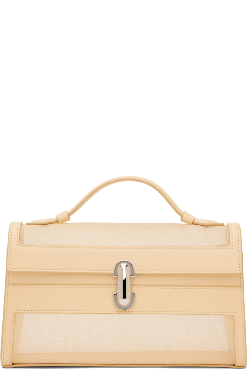 Sheer mesh top handle bag in beige.  

· Buffed calfskin trim throughout
· Fixed carry handle
· Turn-lock flap
· Silver-tone hardware
· H5.5" x W8.5" x D3"

Supplier color: Ecru