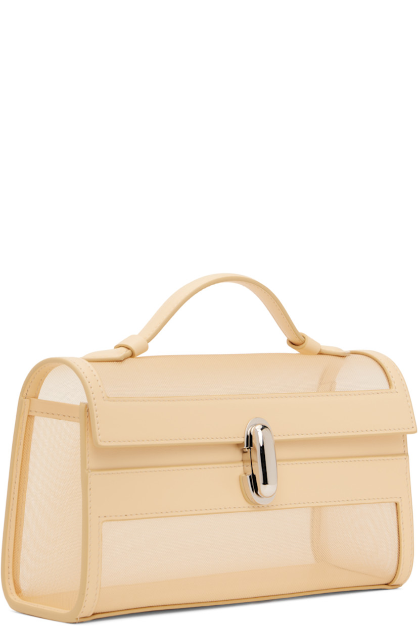 Sheer mesh top handle bag in beige.  

· Buffed calfskin trim throughout
· Fixed carry handle
· Turn-lock flap
· Silver-tone hardware
· H5.5" x W8.5" x D3"

Supplier color: Ecru
