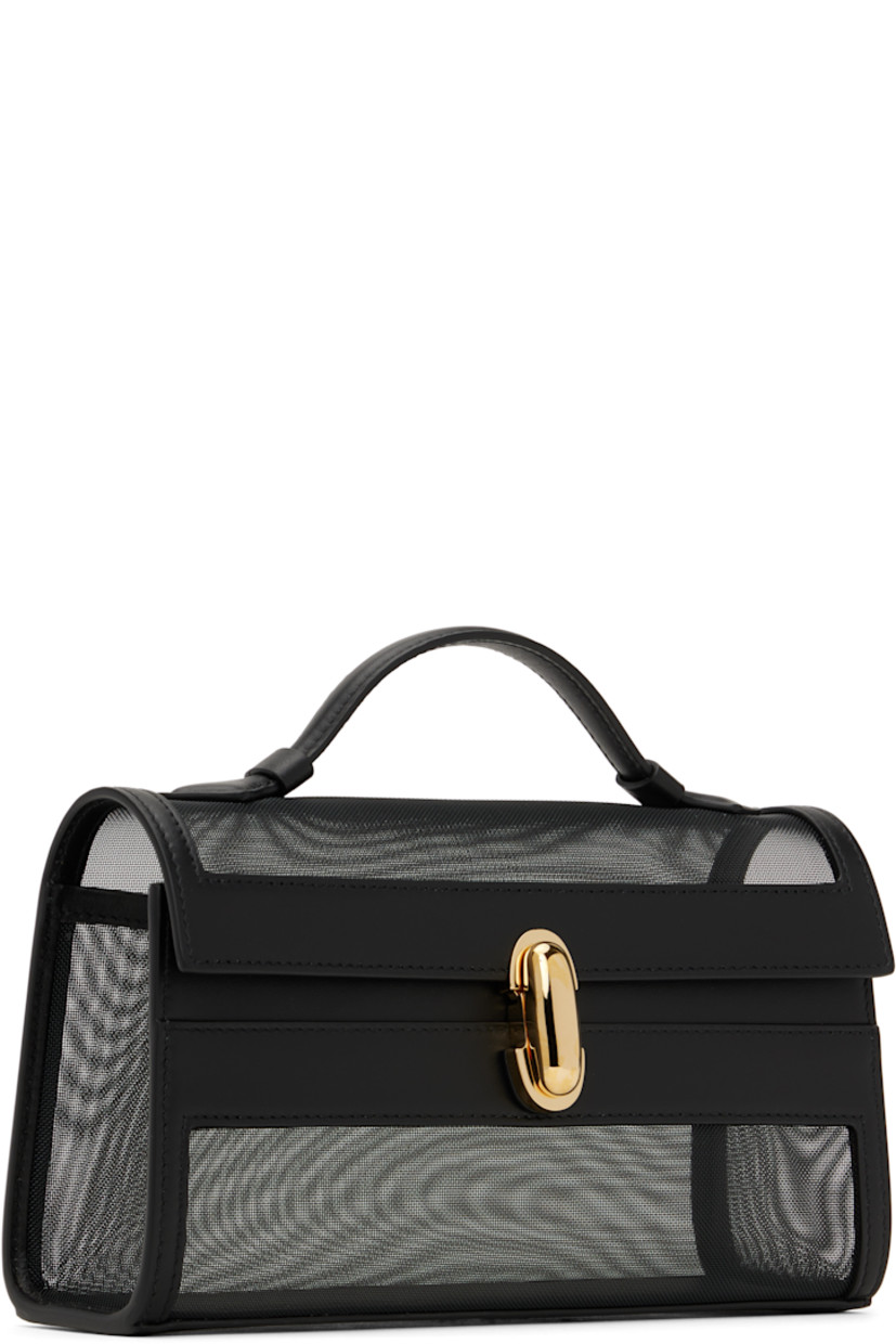 Sheer mesh and buffed calfskin top handle bag in black.

· Fixed carry handle
· Turn-lock flap
· Gold-tone hardware
· H5.5" x W8.5" x D3"

Supplier color: Black mesh with leather trim