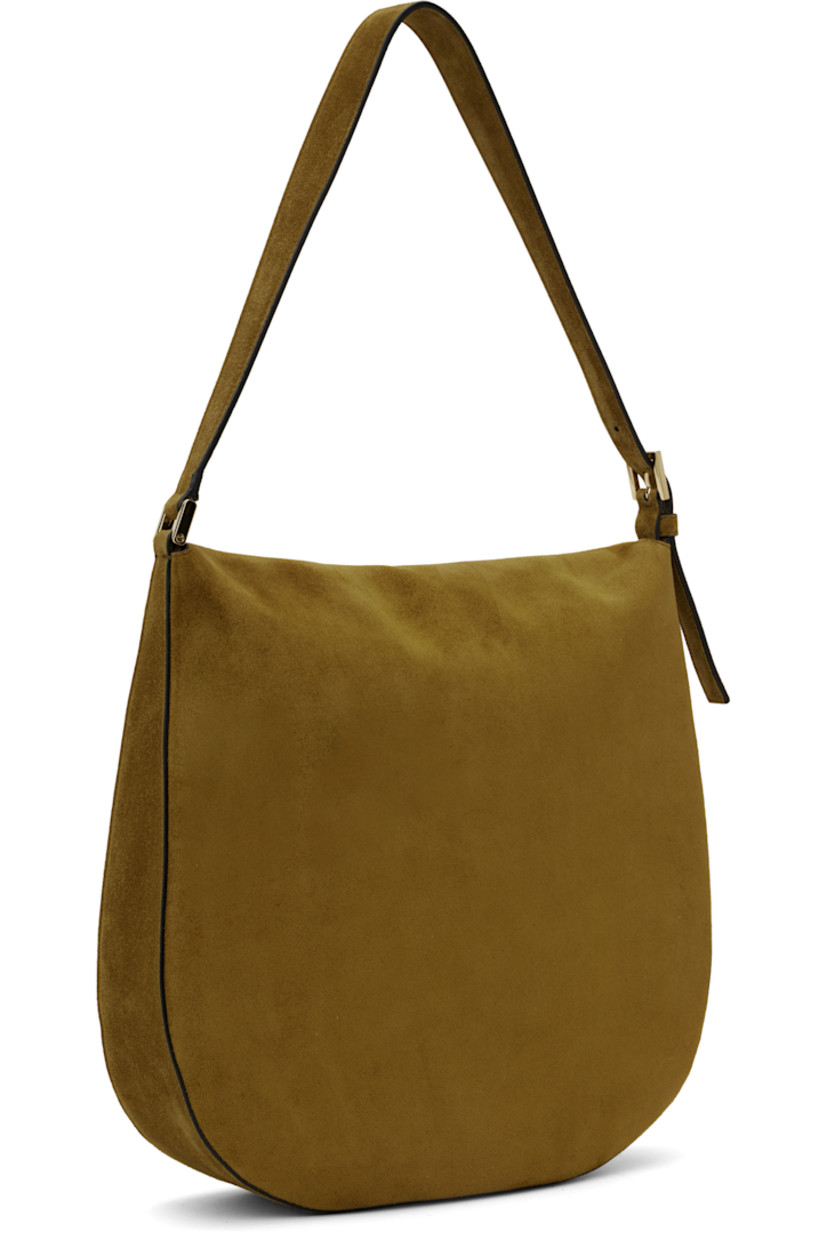 Calfskin suede shoulder bag in brown.

· Adjustable shoulder strap
· Magnetic tab-slot closure
· Patch pocket at interior
· Suede lining
· Gold-tone hardware
· H12" x W11.5" x D3"

Supplier color: Sepia