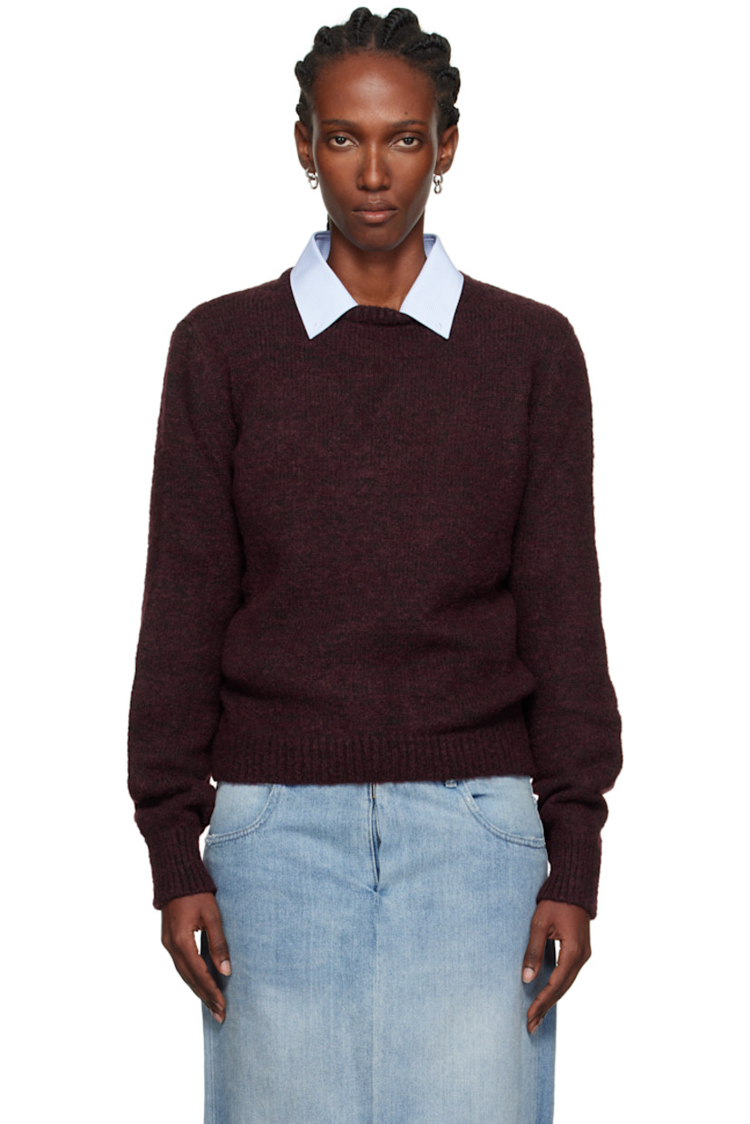Knit virgin wool-blend sweater.

· Rib-knit crewneck, hem, and cuffs
· White stitching at back collar

Supplier color: Burgundy