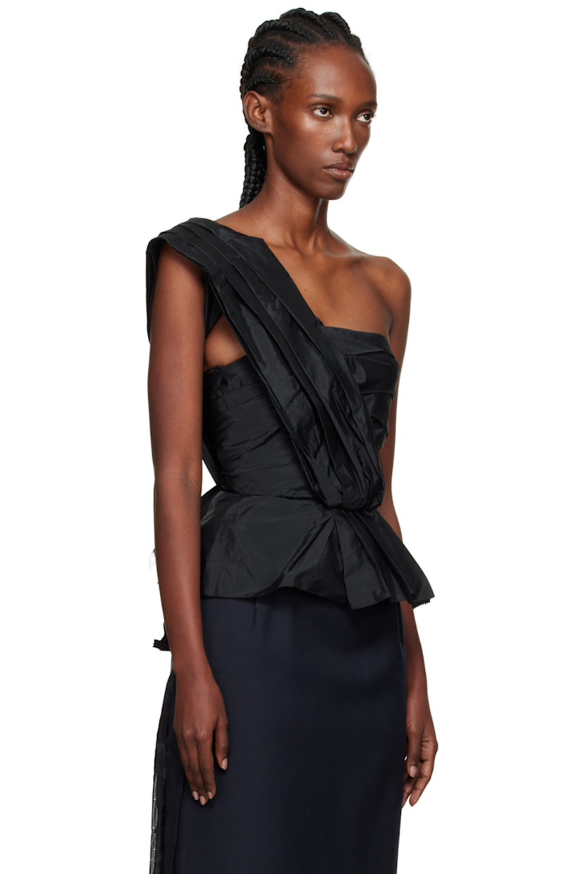 Crinkled woven top. 

· Pleating and gathering throughout
· Single-shoulder construction
· Pleated overlay at shoulder strap
· White stitching at back
· Zip closure at back

Supplier color: Black