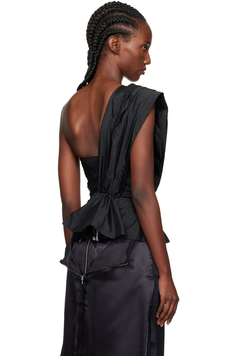Crinkled woven top. 

· Pleating and gathering throughout
· Single-shoulder construction
· Pleated overlay at shoulder strap
· White stitching at back
· Zip closure at back

Supplier color: Black