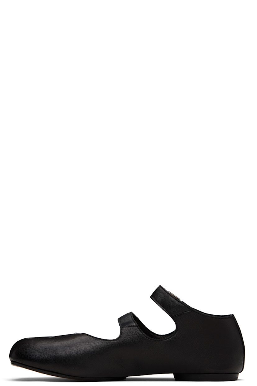 Buffed lambskin Mary Jane-style ballerina flats.

· Square cleft toe
· White stitch at vamp
· Pin-buckle ankle strap
· Calfskin sole with rubber injection

Supplier color: Black
