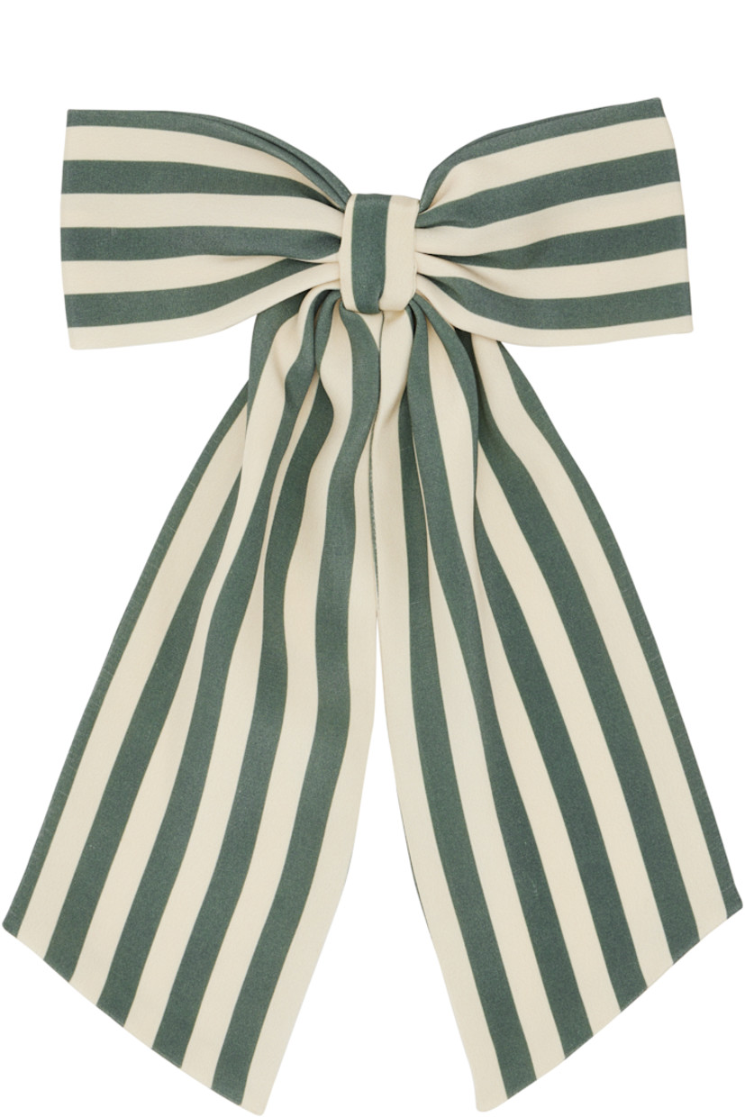 Handcrafted silk satin barrette in green & off-white.

· Stripes throughout
· Bow at face
· Logo patch at back face
· Barrette fastening
· H12" x W8.5"

This item is part of a limited run of 23.

Supplier color: Green cream