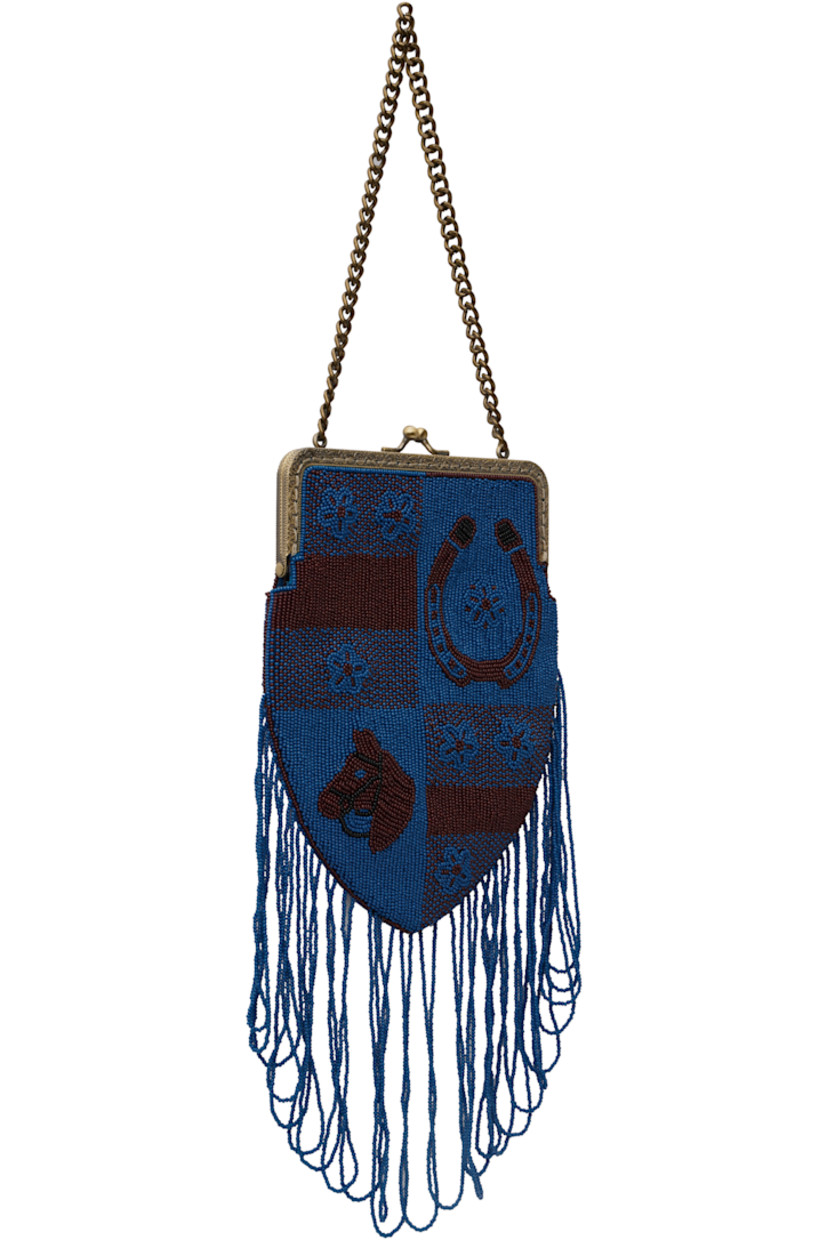 Beaded canvas top handle bag in blue and burgundy.

· Graphics throughout
· Curb chain carry handle
· Logo at face
· Beaded fringe trim at base
· Kiss-lock closure
· Floral pattern embroidered at interior
· Satin lining
· H8.5" x W6"

This item is part of a limited run of 21.

Supplier color: Orange/Blue