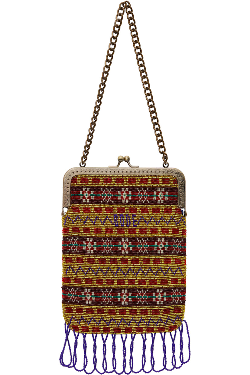 Beaded canvas top handle bag in multicolor.

· Graphic pattern throughout
· Curb chain carry handle
· Logo at face
· Beaded fringe trim at base
· Kiss-lock closure
· Floral pattern embroidered at interior
· Satin lining
· H8" x W6"

This item is part of a limited run of 23.

Supplier color: Multi