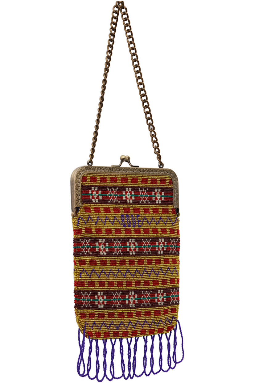 Beaded canvas top handle bag in multicolor.

· Graphic pattern throughout
· Curb chain carry handle
· Logo at face
· Beaded fringe trim at base
· Kiss-lock closure
· Floral pattern embroidered at interior
· Satin lining
· H8" x W6"

This item is part of a limited run of 23.

Supplier color: Multi