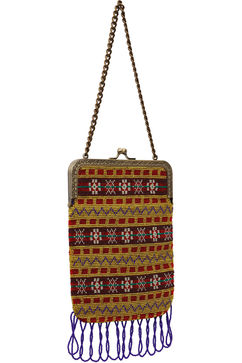 Beaded canvas top handle bag in multicolor.

· Graphic pattern throughout
· Curb chain carry handle
· Logo at face
· Beaded fringe trim at base
· Kiss-lock closure
· Floral pattern embroidered at interior
· Satin lining
· H8" x W6"

This item is part of a limited run of 23.

Supplier color: Multi