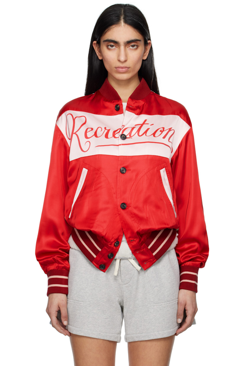 Viscose- and modal-blend satin jacket. 

· Rib-knit stand collar, hem, and cuffs
· Button closure
· Hand-printed text at chest and back 
· Welt pockets
· Stripes at hem and cuffs
· Hand-printed graphic at back
· Full cotton poplin lining

This item is part of a limited run of 68.

Supplier color: Multi