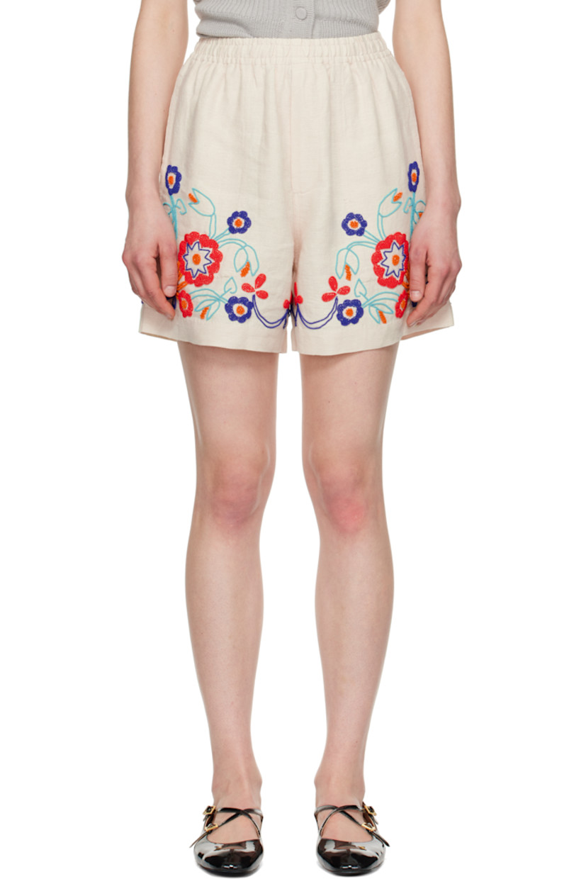 Wide-leg linen hopsack shorts. Beaded floral pattern throughout.

· Concealed drawstring at elasticized waistband
· Three-pocket styling
· Zip fly
· Dropped inseam

This item is part of a limited run of 100. 

Supplier color: Ecru