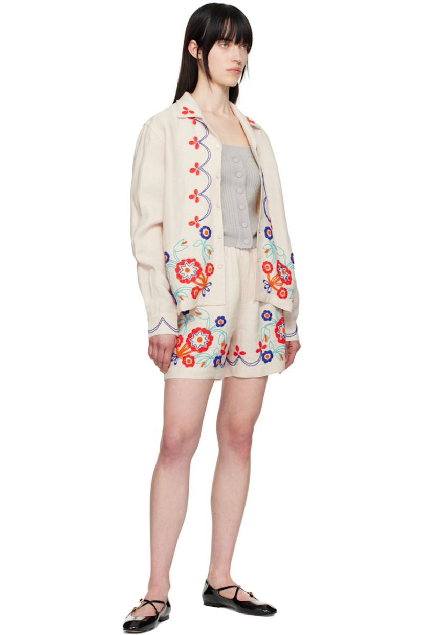 Wide-leg linen hopsack shorts. Beaded floral pattern throughout.

· Concealed drawstring at elasticized waistband
· Three-pocket styling
· Zip fly
· Dropped inseam

This item is part of a limited run of 100. 

Supplier color: Ecru